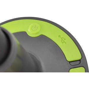 Detailaufnahme: Schwarze Lutec Solar LED-Stehleuchte Pops mit USB-Anschluss und Power-Button.