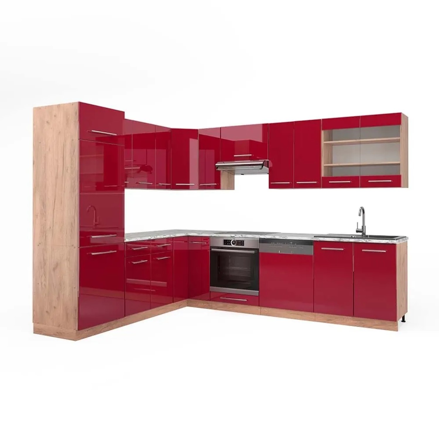 Vicco Eckküche Fame-Line Bordeaux Hochglanz/Goldkraft Eiche 287 x 82, AP Marmor