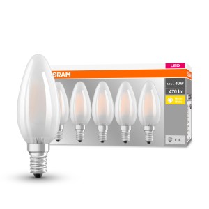 5er Set Osram LED-Leuchtmittel E14 in Kerzenform, 4W, 470lm, 10x3,5cm (H x Ø).