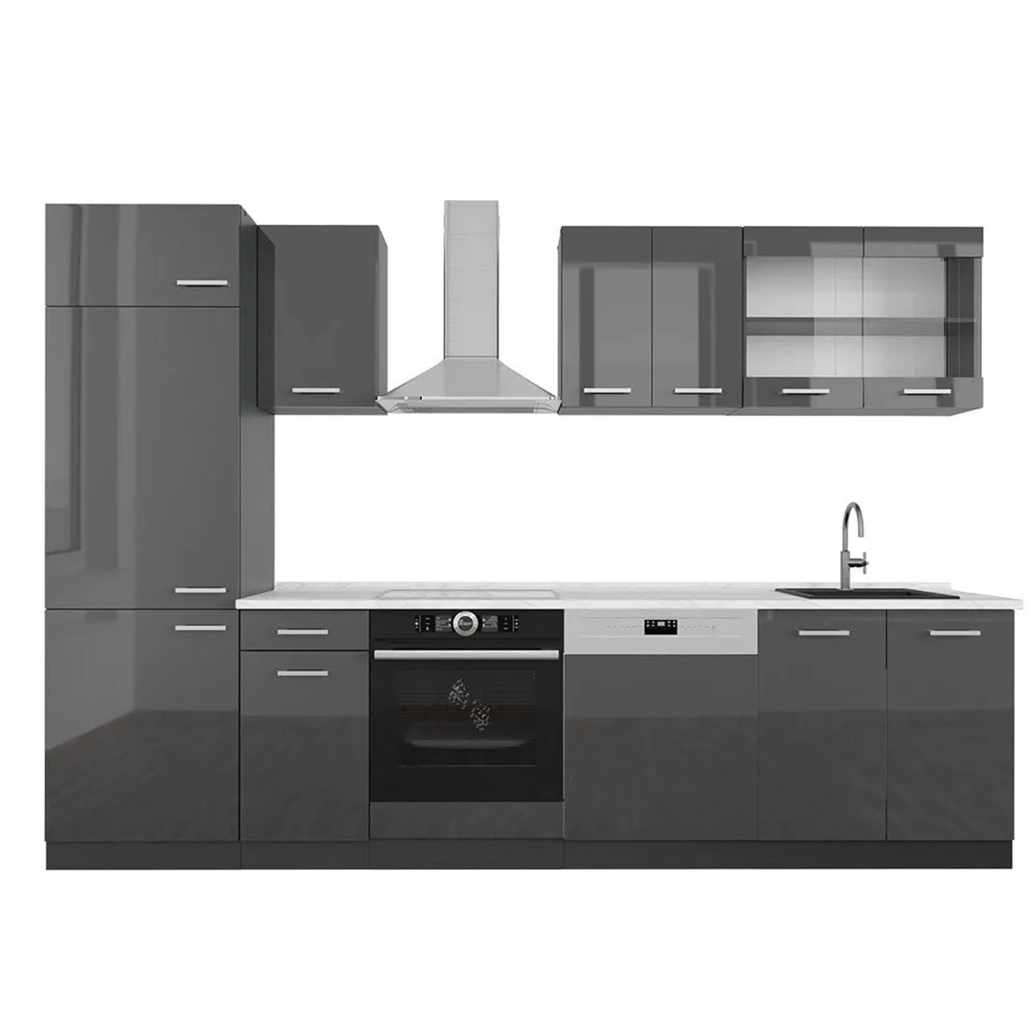 Vicco R-Line Küchenzeile Anthrazit Hochglanz Anthrazit 300 cm AP Marmor ohne E-Geräte