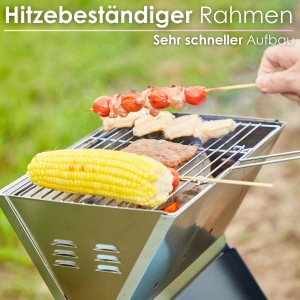 Steinborg Klappgrill SB-8160 mit Grillgut: Maiskolben, Fleisch und Gemüsespieße auf dem Holzkohlegrill.