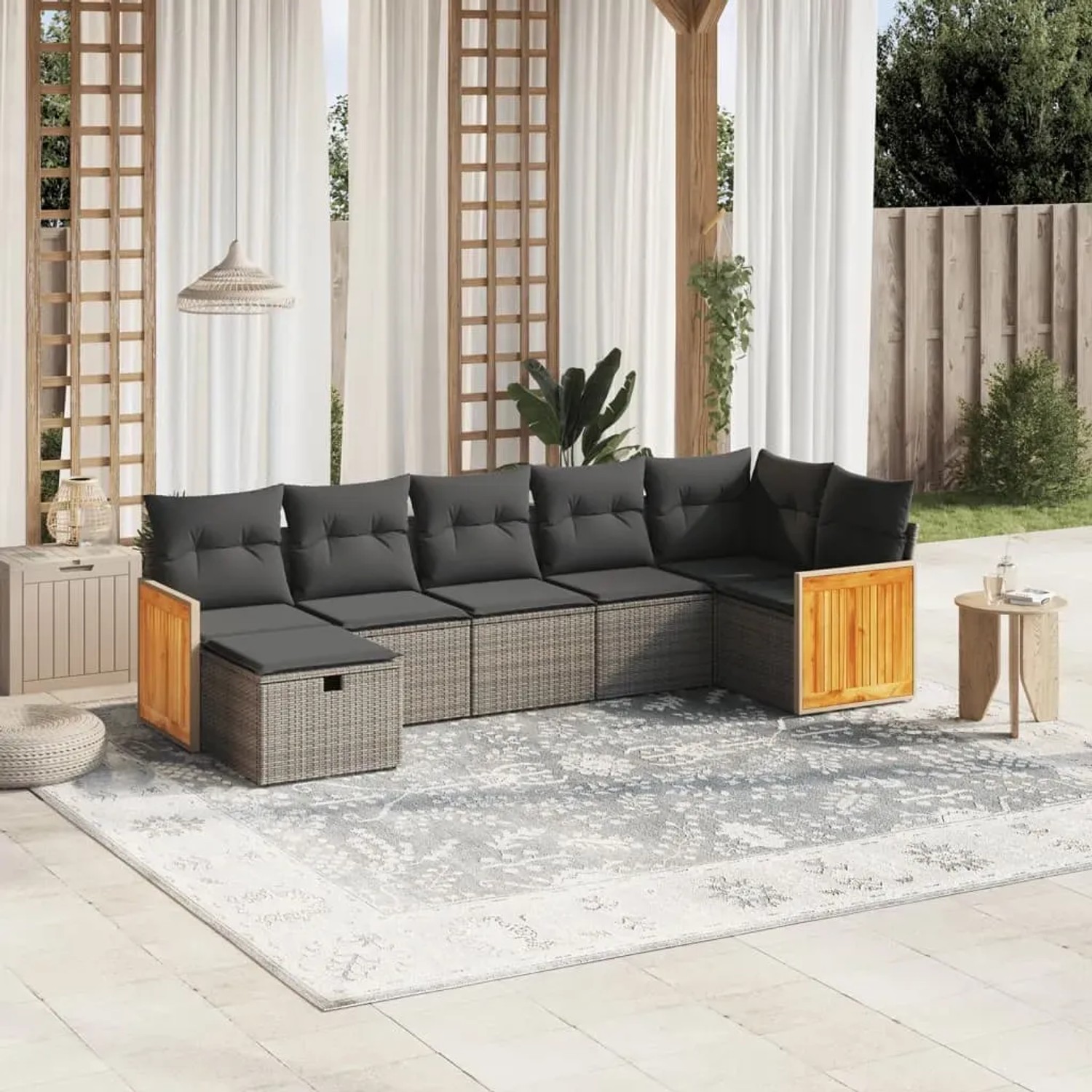 Graue 7-tlg. vidaXL Garten-Sofagarnitur aus Rattan mit Kissen für Terrasse und Garten.