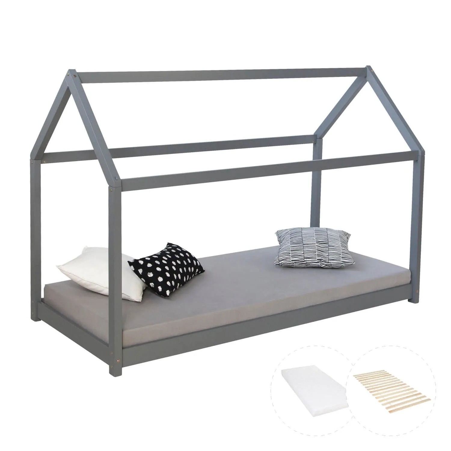 Homestyle4u Kinderbett 80x160 cm mit Matratze Hausbett Grau Bodenbett