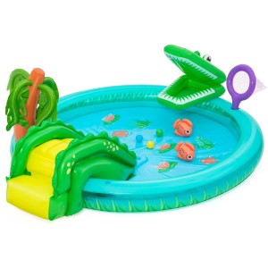 Bestway Wasserspielcenter Krokodil mit Rutsche, Sprinkler und Zubehör für Kinder ab 2 Jahren.