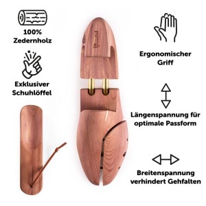 Zedernholz Schuhspanner mit ergonomischem Griff, Längen- und Breitenspannung, dazu passender Schuhlöffel für optimale Schuhpflege.