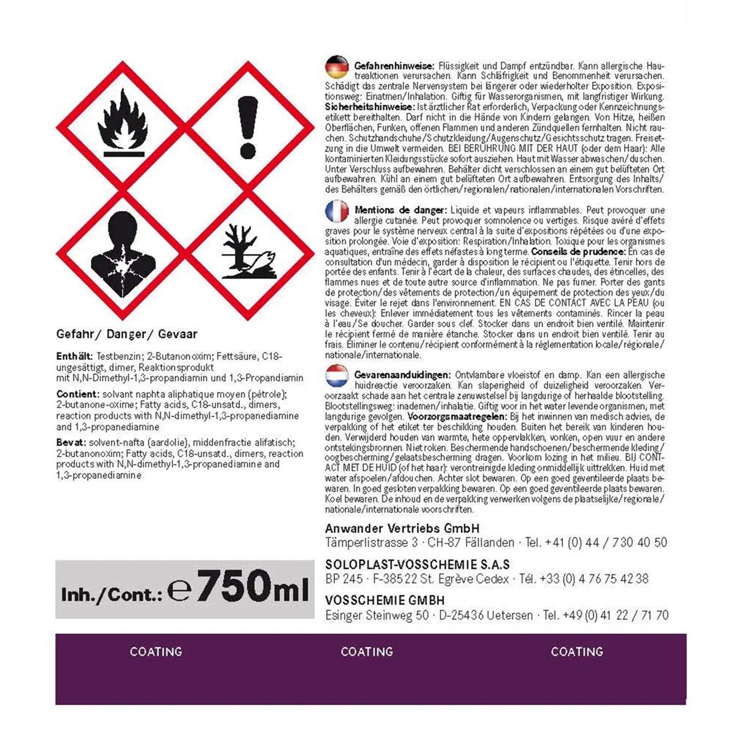 Gefahrstoffetikett: Entzündlich, reizend, umweltgefährlich, 750ml