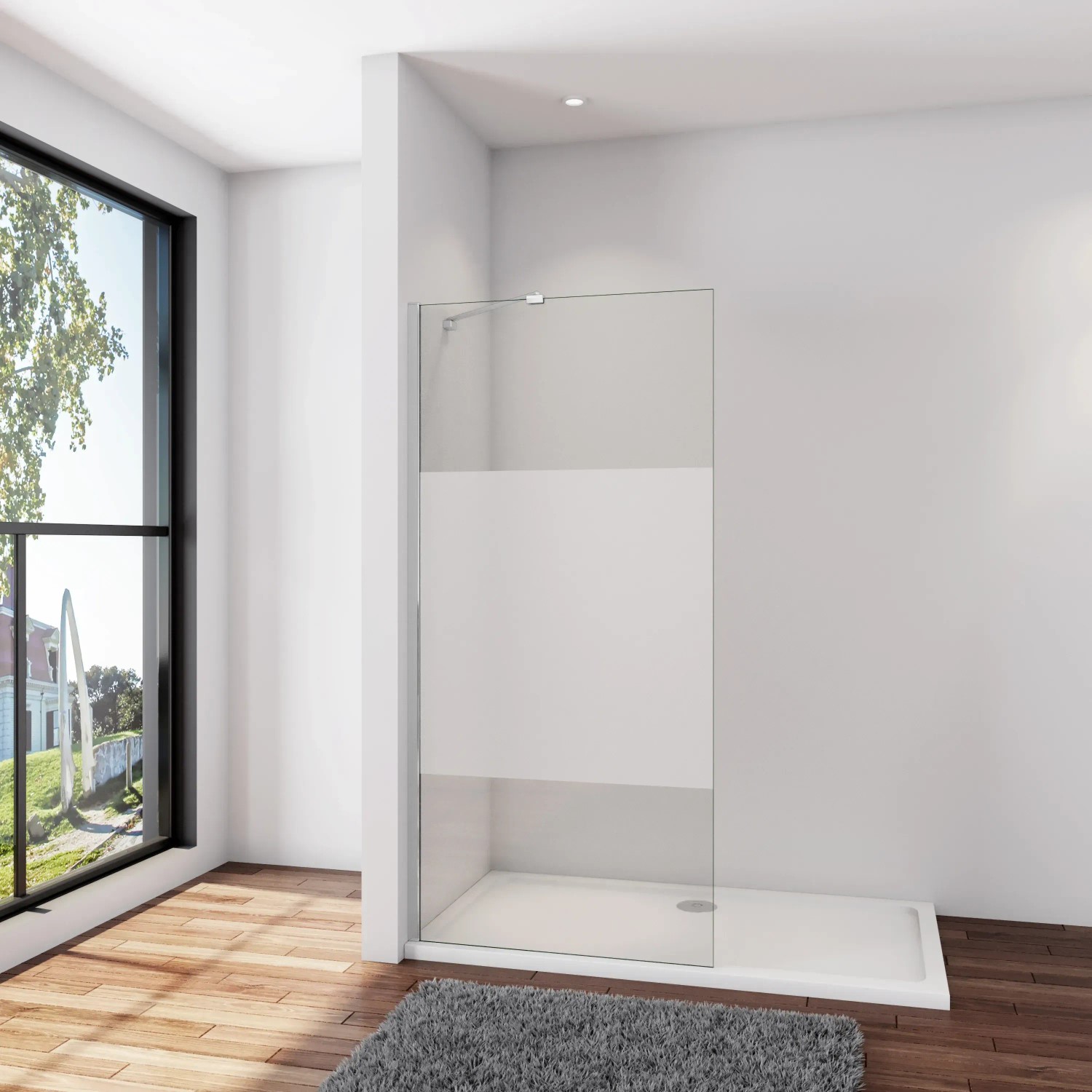 AICA Walk-In Duschwand mit Milchglasstreifen und Stabilisator, 90x200cm.