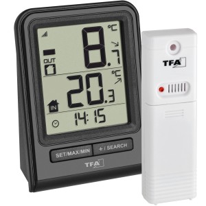 Schwarzes TFA Prisma Funk-Thermometer mit Außensender zur Temperaturmessung.