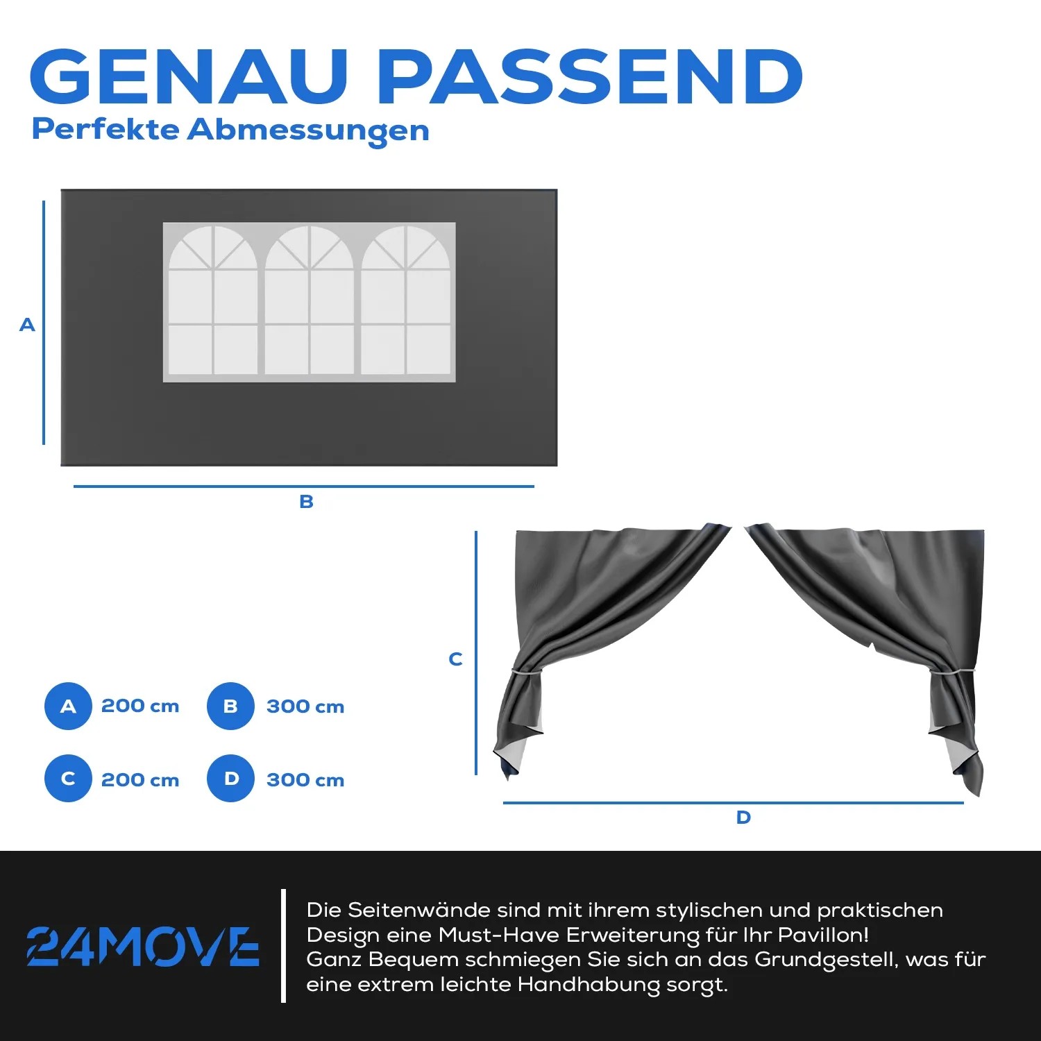 24MOVE Pavillon Seitenteile 2er Set Grau: Fenster- und Tür-Variante mit Maßangaben.