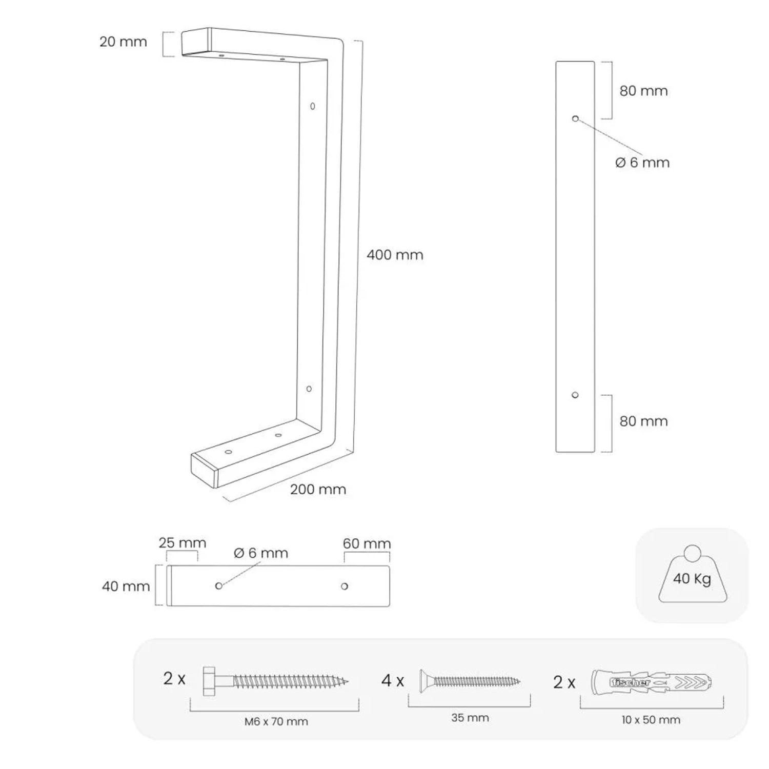 Technische Zeichnung HEVVA LAHN Waschtischhalterung, weiß, 200x400mm, 40 kg Traglast, mit Schrauben und Dübeln.