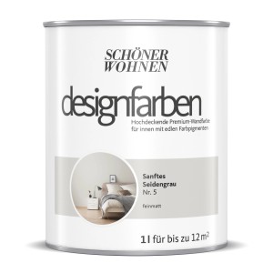 Schöner Wohnen Designfarbe Sanftes Seidengrau, 1L Dose, matte Wandfarbe für Innenräume.