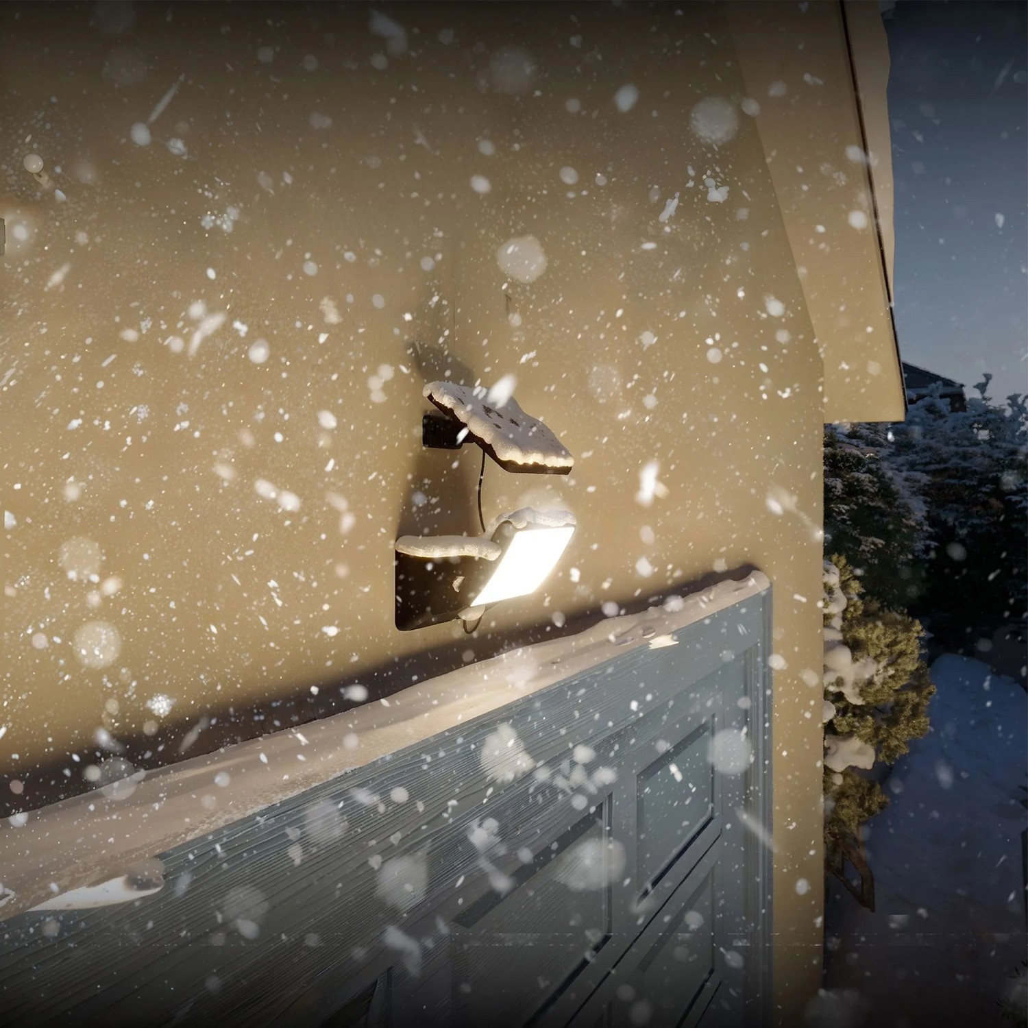 Schwarze Philips Solar-LED-Wandleuchte Fyns mit Bewegungssensor im Schnee.