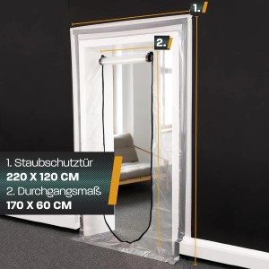Transparente Hinrichs Staubschutztür 220x120 cm mit Reißverschluss im Türrahmen.