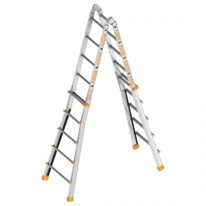 Layher Topic 1058 Teleskopleiter, 4x5 Sprossen, als Stehleiter aufgebaut.