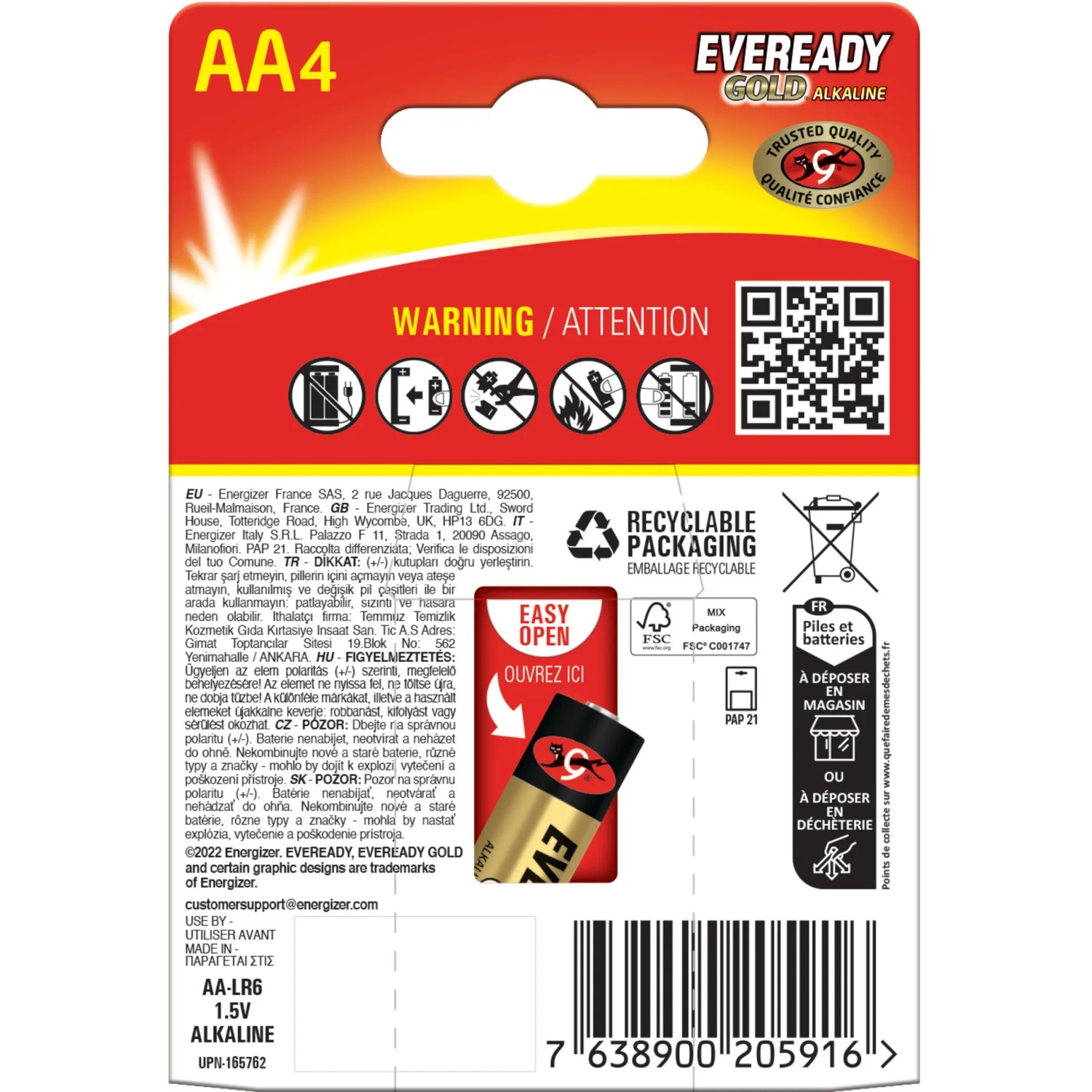 Energizer Eveready Gold AA Batterien, 4er-Pack Mignon Alkaline Batterien.
