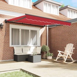 Rote vidaXL Einziehmarkise 350x250 cm an Ziegelwand über Terrasse. Sonnenschutz aus Polyester und Metall.