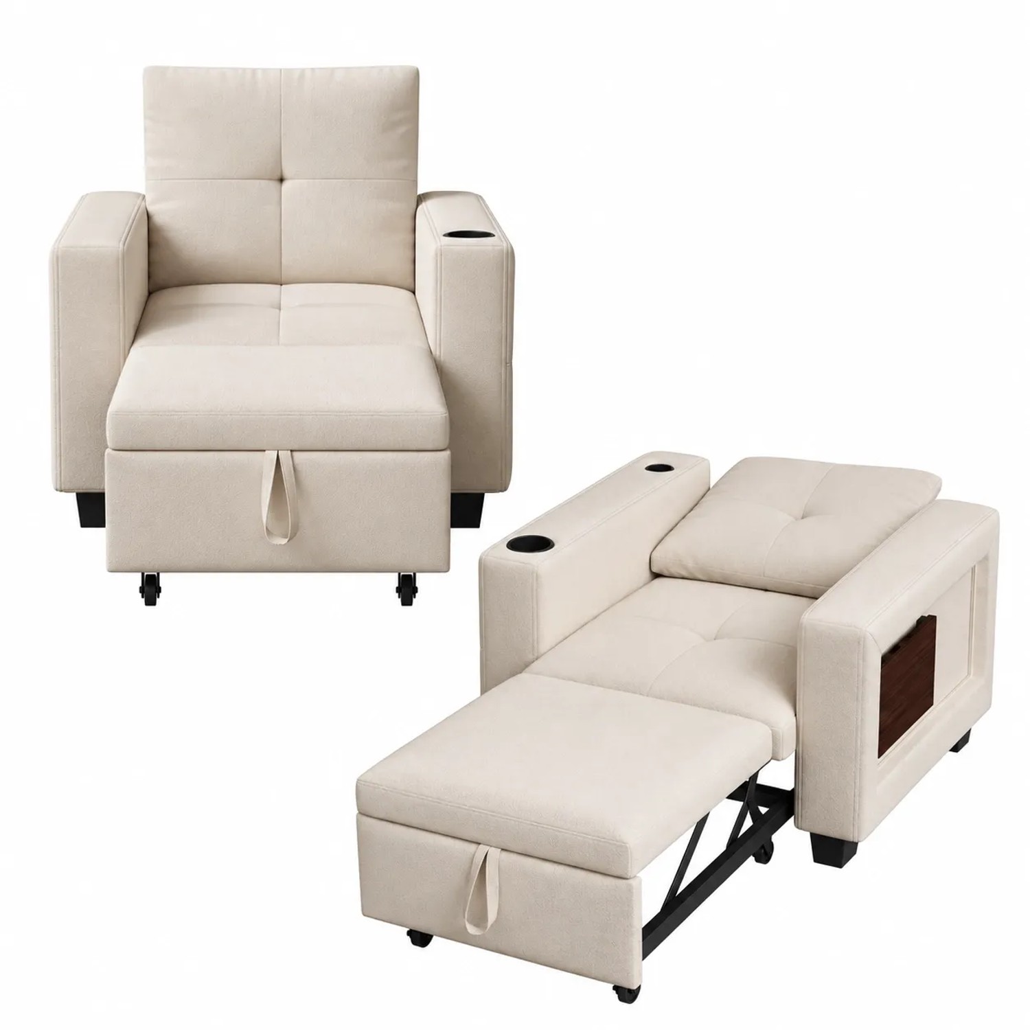 PXloue Schlafsofa Sessel Beige mit Steckdose 5fach Verstellbar Klapptisch Klappfunktion Gästebett