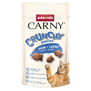 Carny Crunchy Katzensnacks Huhn & Lachs, knusprige Leckerlies in Fischform im 50g Beutel.