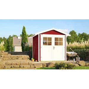 Weka Gartenhaus 224 in Schwedenrot mit Doppeltür und Satteldach im Garten.