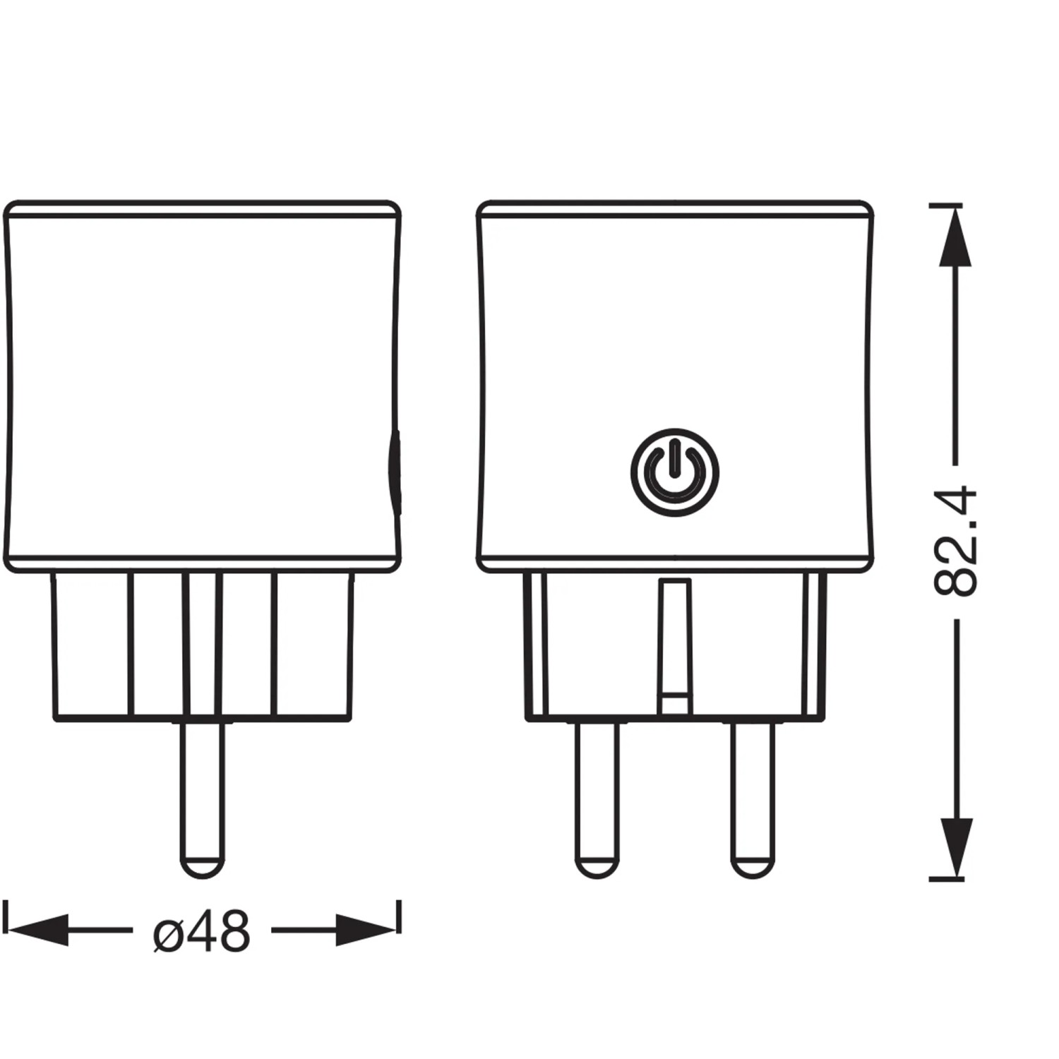 Abbildung der Osram Smart+ WiFi Matter Steckdose mit Maßangaben zu Höhe und Durchmesser.