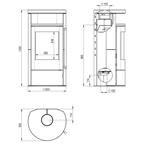 Technische Zeichnung Kaminofen München Max von H&M Germany mit Maßen.