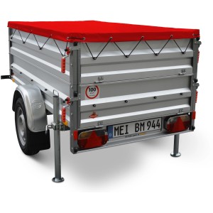 Stema Anhänger Variolux 850 mit roter Flachplane und Bordwandaufsatz, gebremst.