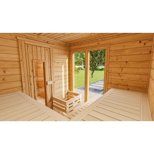 Innenansicht Weka Saunahaus Farsund mit Vorraum, bodentiefem Fenster und Liegeflächen aus hellem Holz.