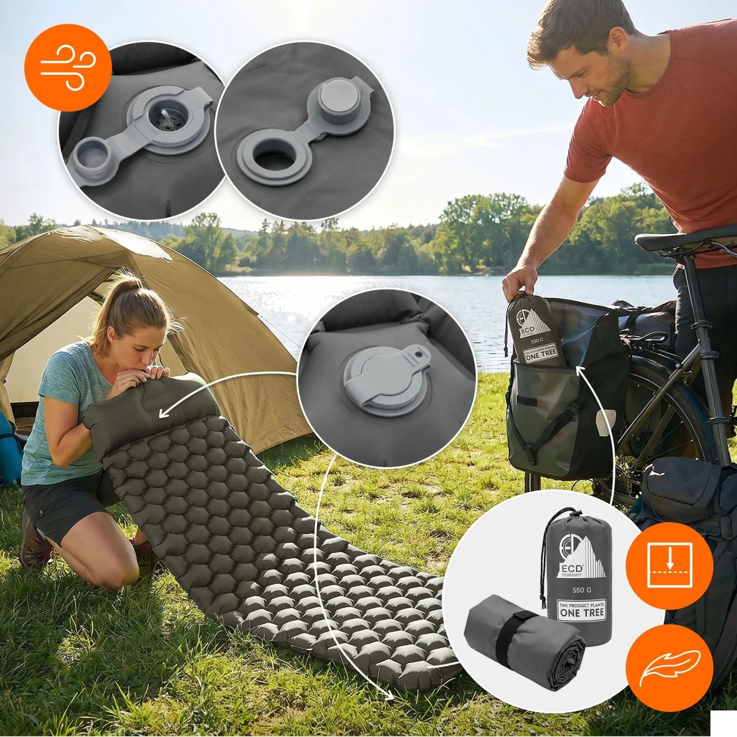 Graue ECD Germany Isomatte (185x62x15 cm) aus Nylon, mit Zelt, Person und Fahrrad im Hintergrund.