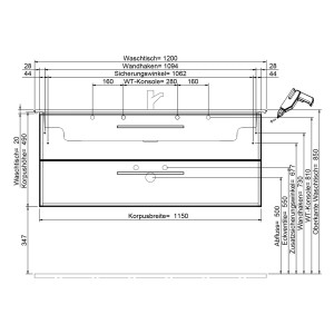Technische Zeichnung Steinkamp Einzelwaschtisch mit Villeroy&Boch Waschtisch Venticello, Maße und Details.
