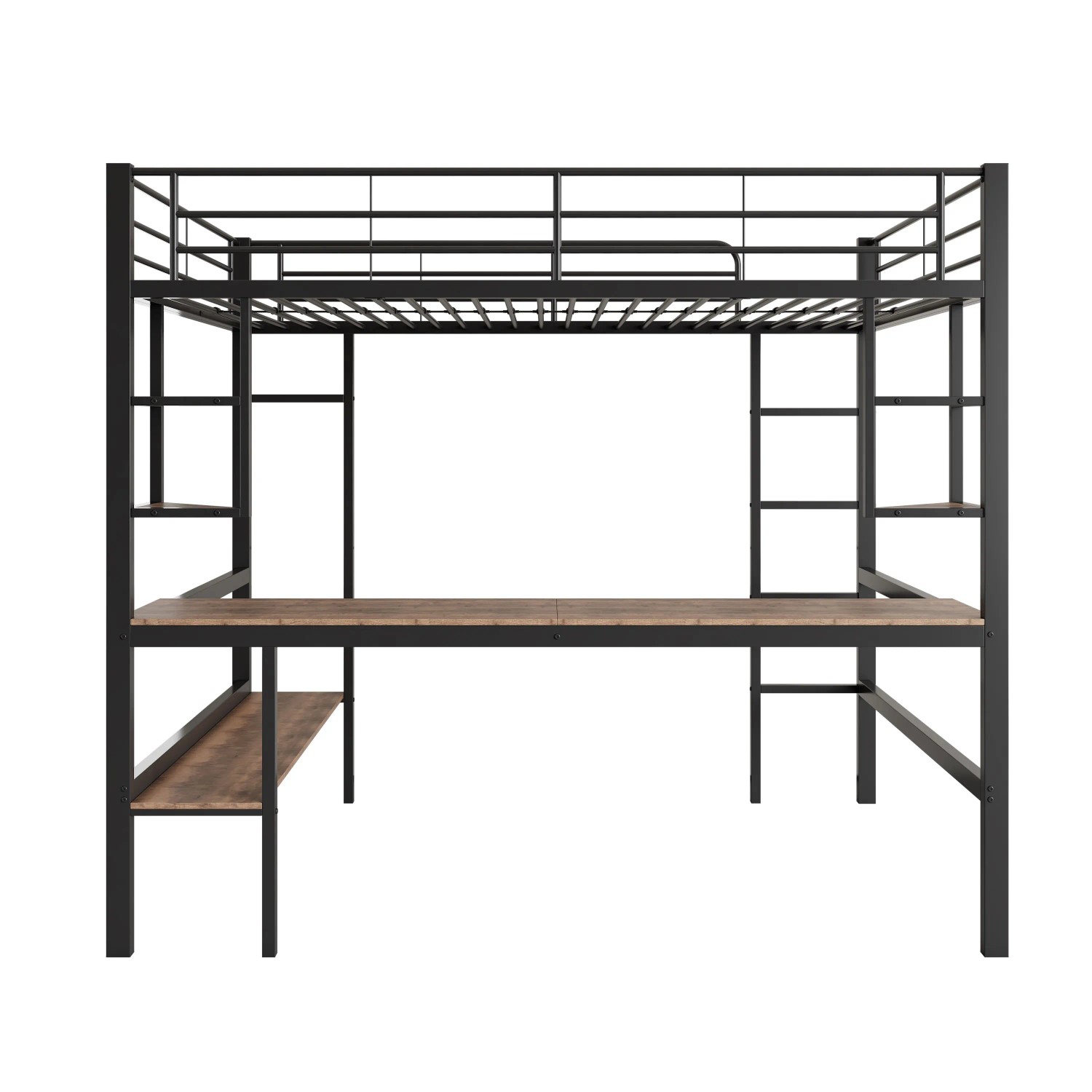 okwish Metallbett 90×200 mit Schreibtisch Vier Kleinen Regalen und einem Großen Bücherregal ohne Matratze