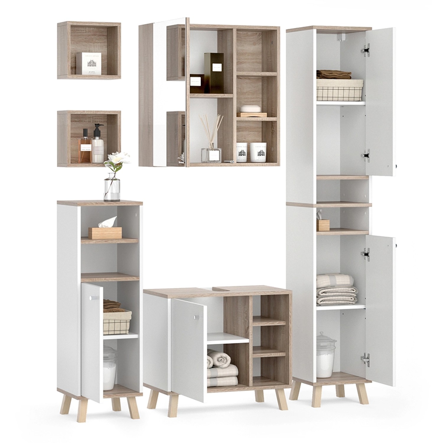 Vicco Badmöbel-Set Senyo, 5-teilig, weiß/Sonoma mit Spiegelschrank, Hoch- und Unterschrank.