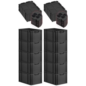 PROREGAL SparSet 10x Eurobox Nextgen Color Mit Auflagedeckel HxBxT 32x40x60cm 65 Liter Schwarz Griffe Schwarz Geschlossen Eurobehälter Transportbox