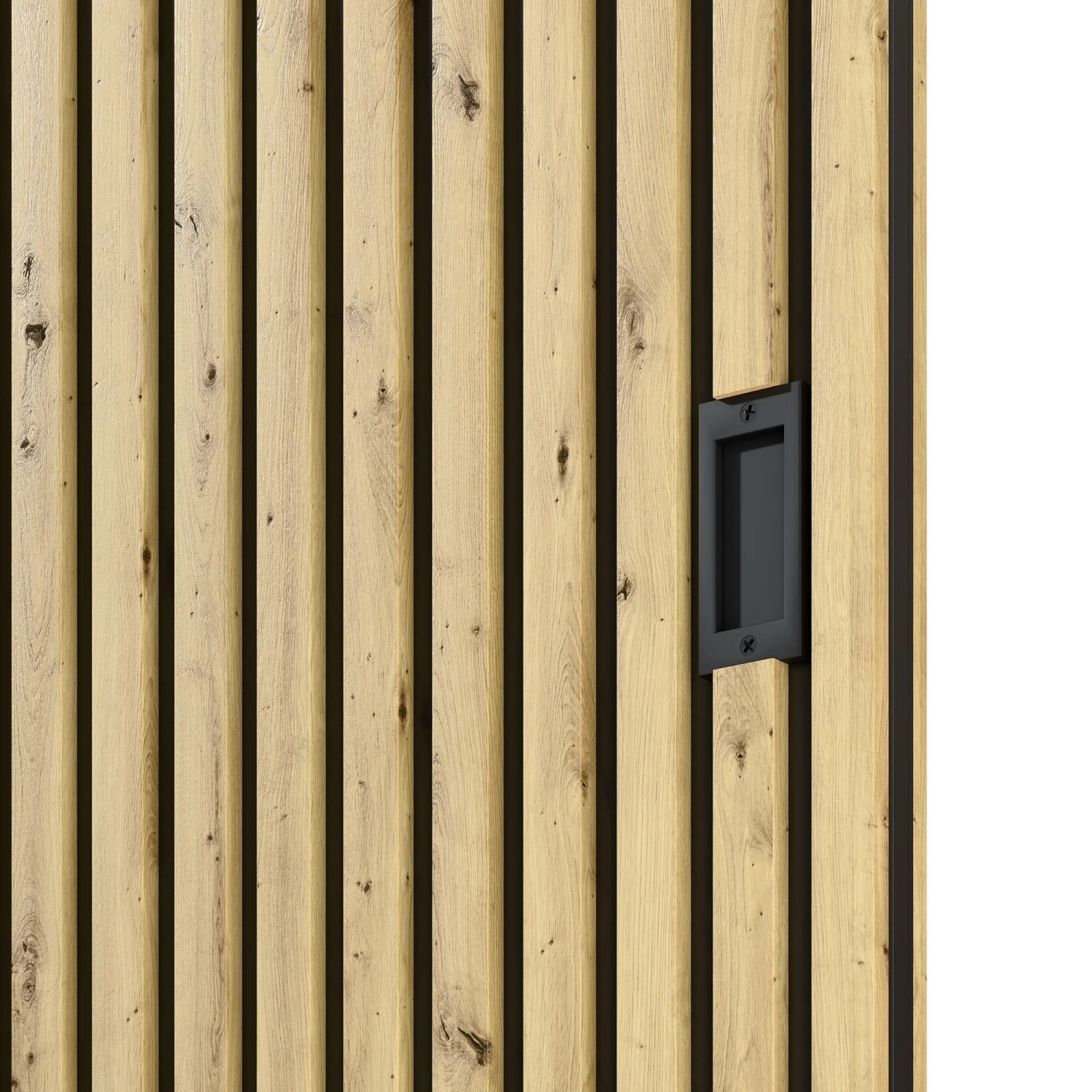 Radex Schiebetür Akustikpaneel Lamette, 95x210 cm, mit Lamellen und schwarzem Griff.