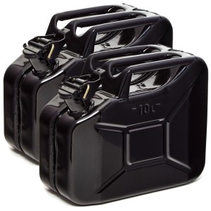 Zwei schwarze 10L BW Kraftstoffkanister aus Metall für Benzin, Diesel & E10.