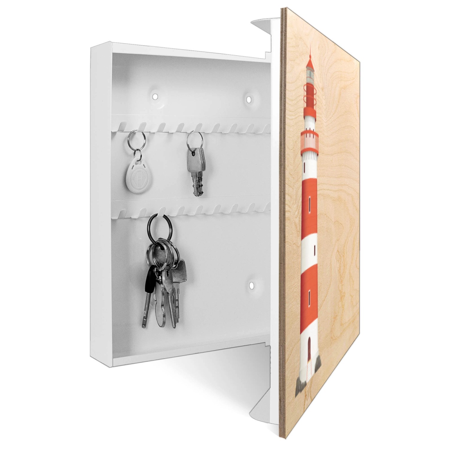 Banjado Schlüsselbox mit Küstenwächter-Motiv, Holzfront, 50 Haken, Scharnier rechts.