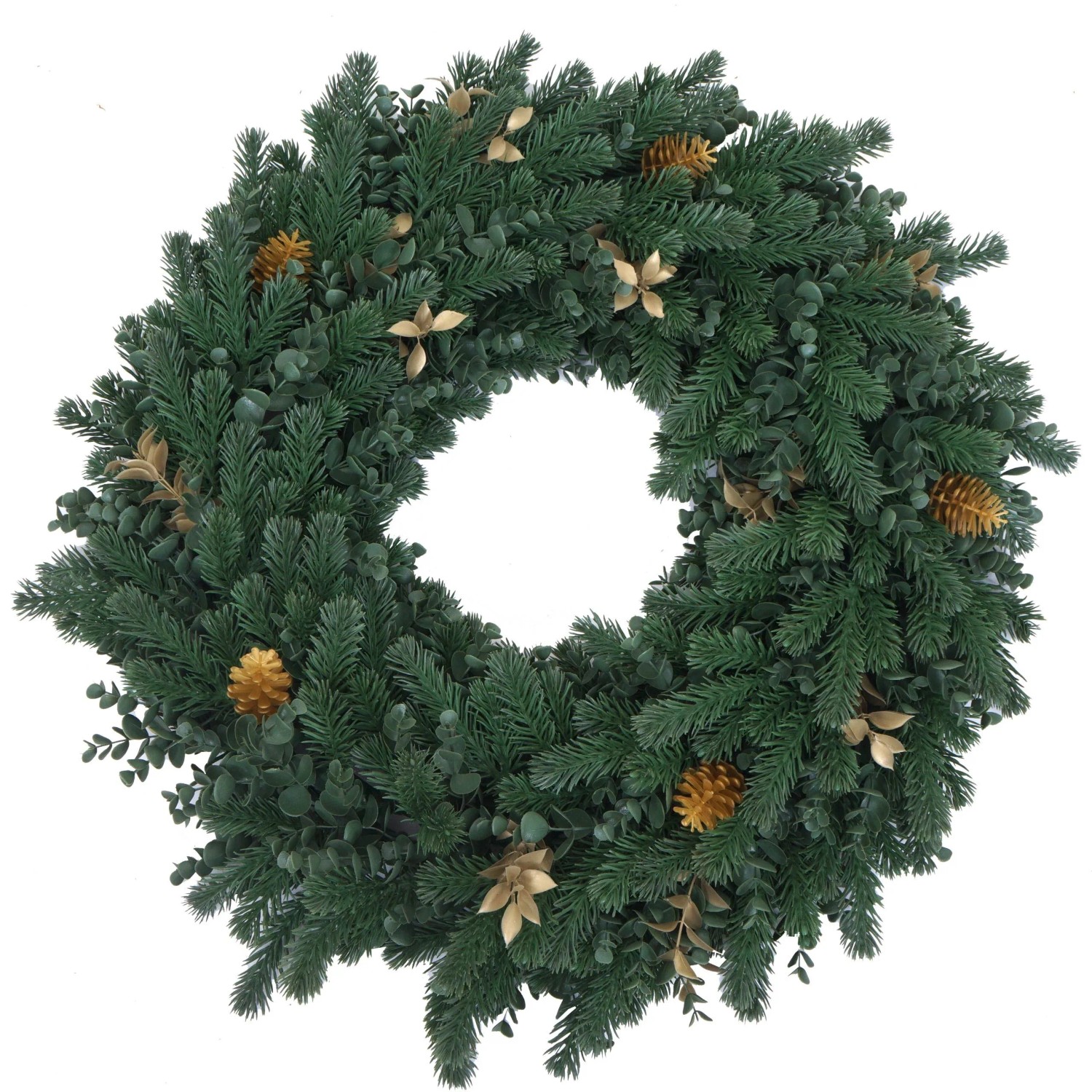 Künstlicher Weihnachtskranz Ø 60cm mit grünen Tannenzweigen, goldenen Zapfen und Blättern. Ideal als Deko.
