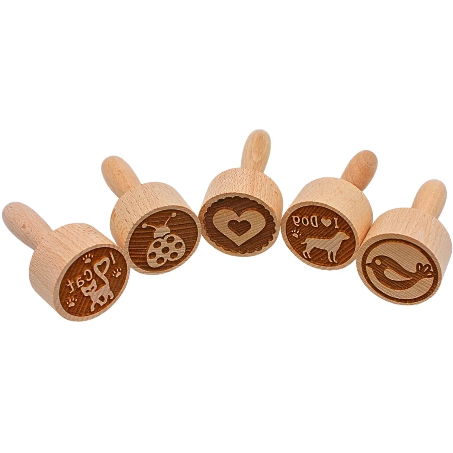 Dekohelden24 5er Set Teigstempel Holzstempel Stempelset aus Holz mit Tiermotiven Made in EU Maße eines Stempels L/B/H 4 x 4 x 8 cm