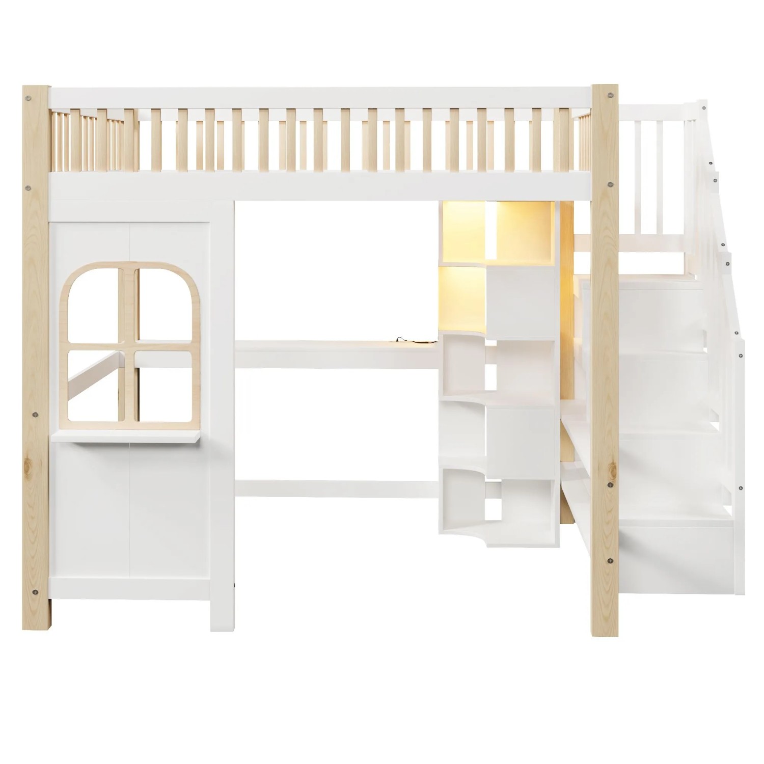 okwish Hochbett 140x200cm mit Schreibtisch und LED Beleuchtung Weiß Natur ohne Matratze