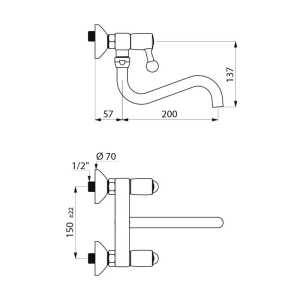 Technische Zeichnung: Delabie Wand-Zweigriffarmatur mit Schwenkauslauf, Maße und Details.