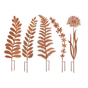 Kobolo Gartenstecker GRESS 5er Set in Rostoptik: Dekorative Gartenfiguren mit Pflanzenmotiven.