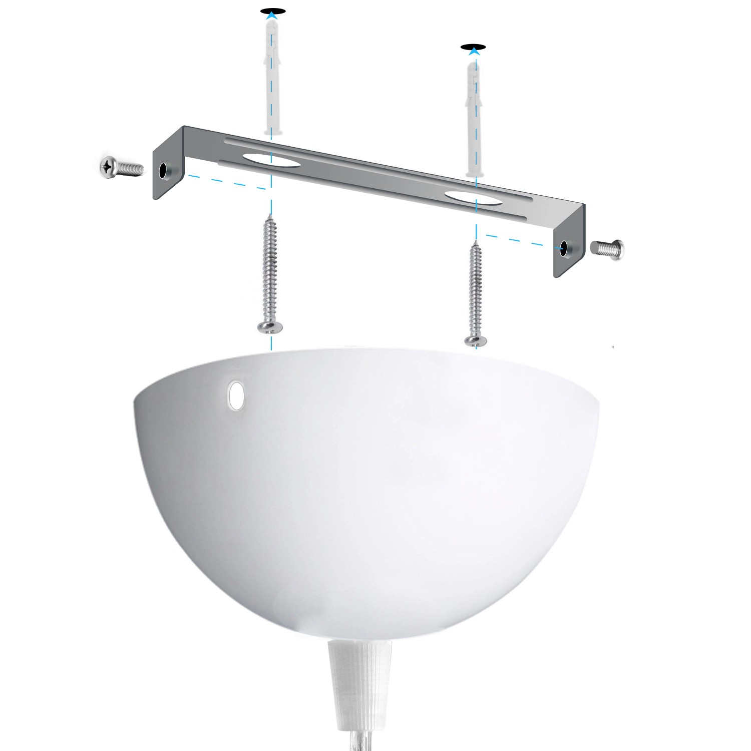 Detailaufnahme der Montage einer weißen Hängelampe. Zubehör wie Schrauben sind dargestellt.