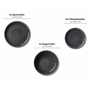 Ritzenhoff & Breker Toledo Teller-Set, 18-teilig, graphitgraues Steinzeug: Speise-, Suppen-, Dessertteller.