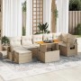 Beige 8-tlg. Garten-Sofagarnitur aus Rattan mit Tisch und Kissen. Gemütliche Gartenmöbel für Terrasse und Garten.