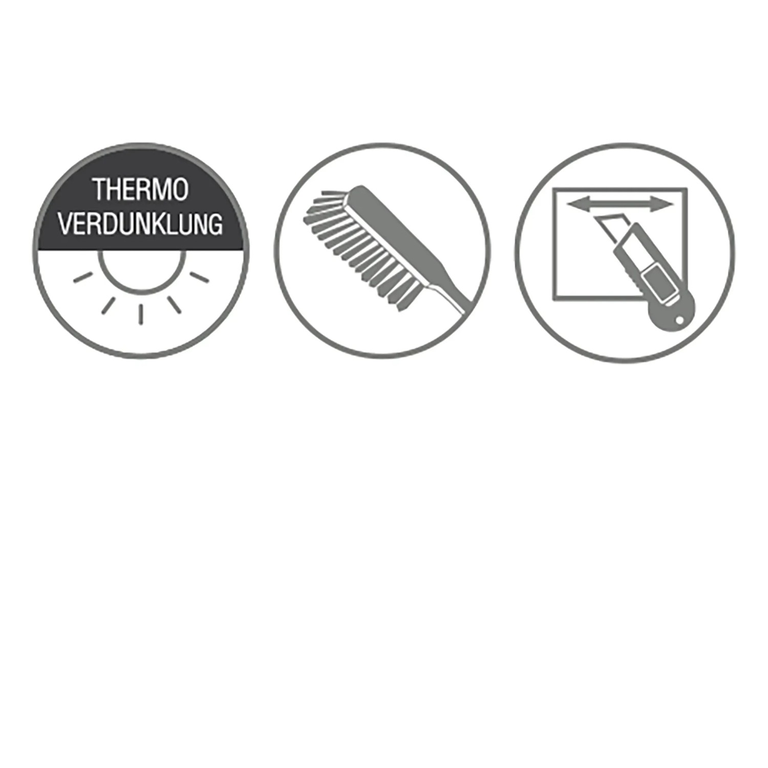 Symbole für Thermo, Verdunkelung, Bürste und Cutter zur Anpassung des Gardinia EasyFix Rollos.