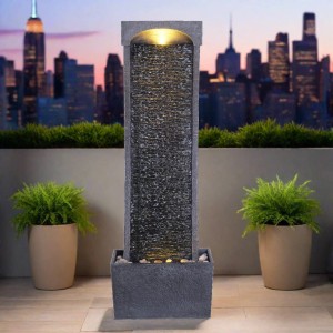 Moderner, gebogener Teamson Home Gartenbrunnen (98 cm) in Schwarz mit Wasserfall und LED-Beleuchtung.