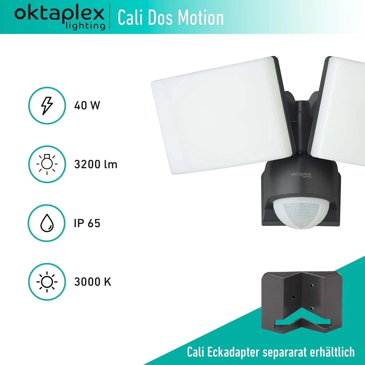 Oktaplex LED Außenstrahler Cali Dos mit Sensor, schwenkbar, IP65, warmweiß.