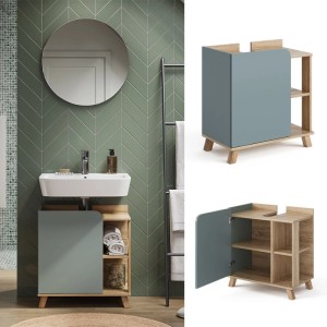 Vicco Waschbeckenunterschrank Karen, Sonoma/Blau-Grau, 60 cm breit, mit Tür und offenen Fächern.