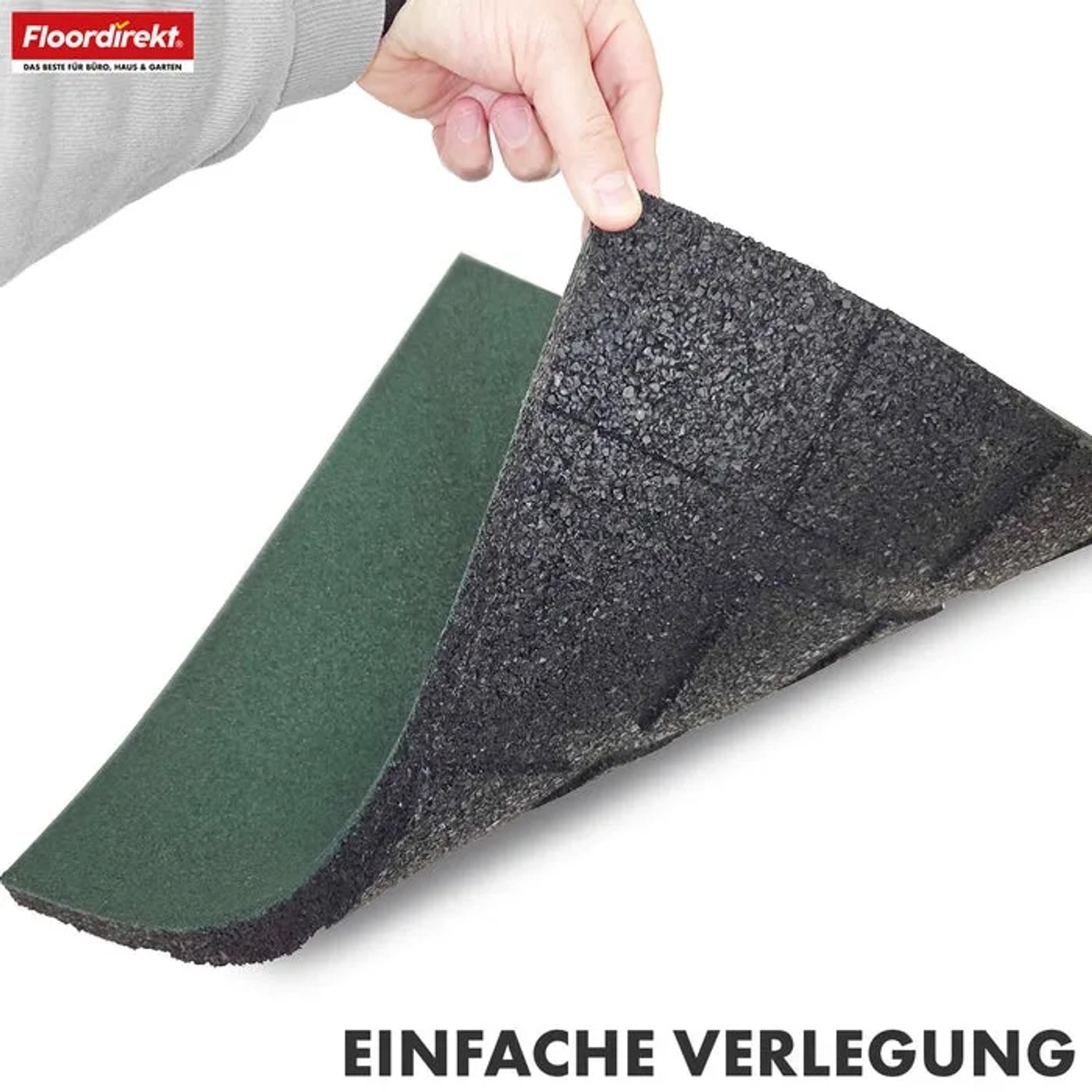Grüne Floordirekt Fallschutzmatte, Elastikmatte, 50x50x2,5 cm, mit Drainage. Bodenschutz für Trockenausbau.