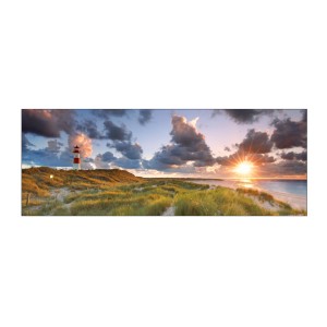 MySpotti Küchenrückwand mit Leuchtturm und Sanddüne bei Sonnenuntergang, 160x60 cm.