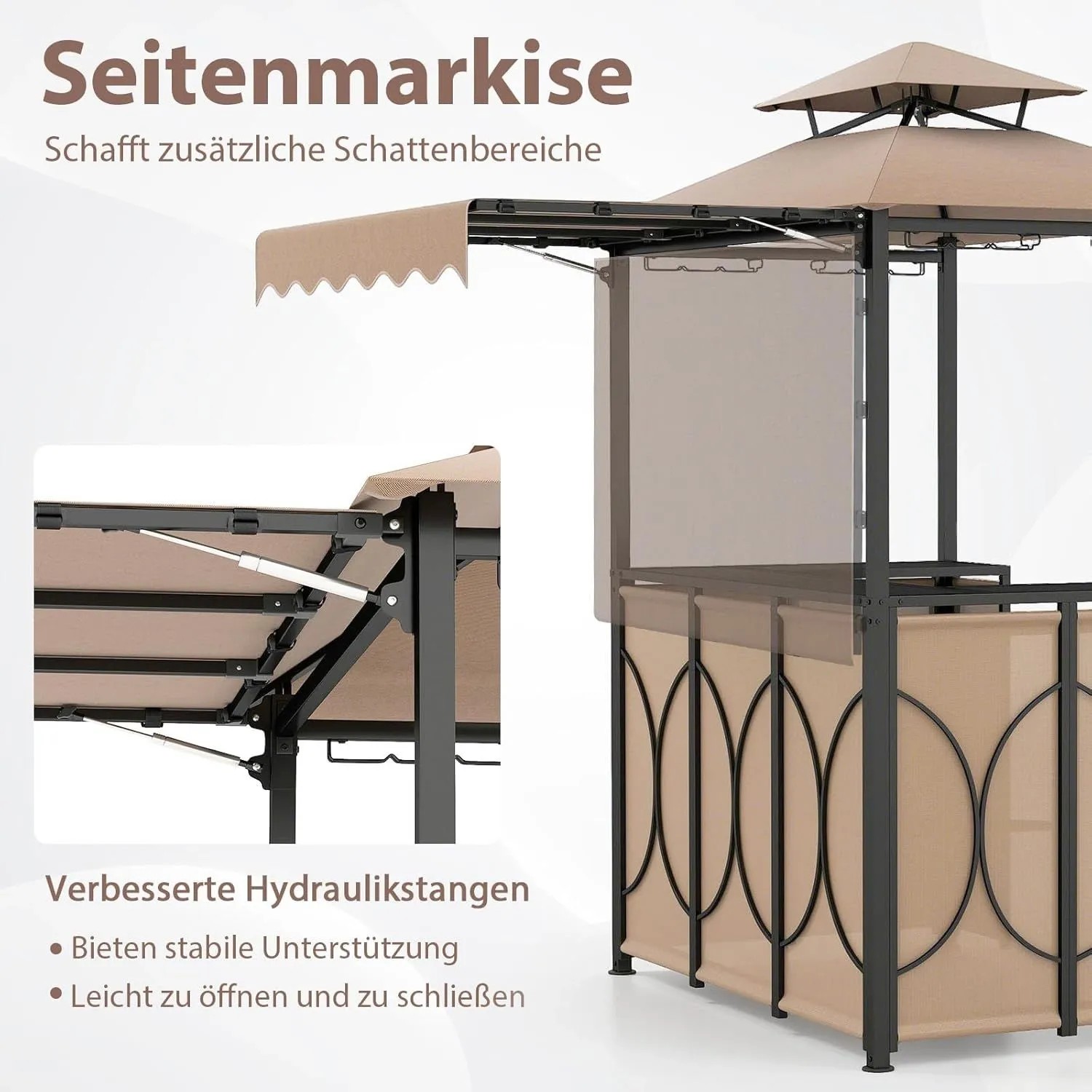 Costway Grillpavillon mit Bar und 2 Barhockern Doppeldach & Markise Braun_5
